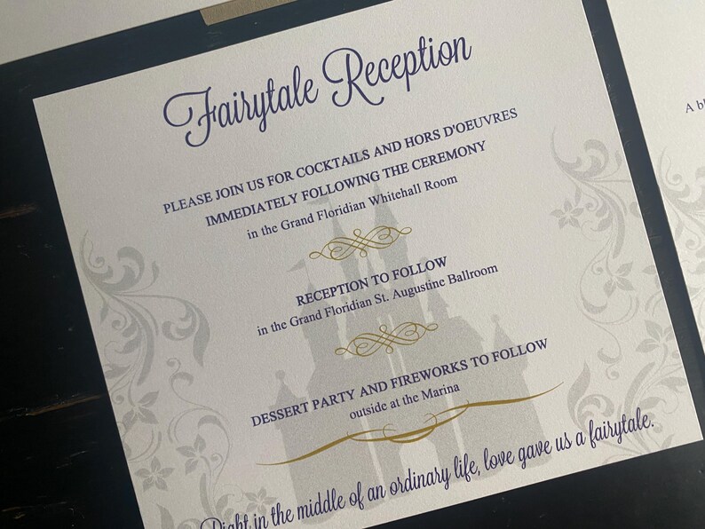 May include: A wedding invitation with the words "Fairytale Reception" in elegant script. The invitation includes details about the ceremony, reception, and dessert party, with a castle silhouette.
