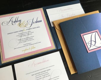 Metallic Navy, Blush & Glitter Gold Pocket Wedding Invitation Suites | Personalized Wedding Announcements | Invitation Suites | Script