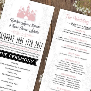 May include: A wedding ceremony program with a pink castle illustration and the names Candyce Marie Marcum and Evan Thomas Schulke. The program lists the wedding date, the church, the officiant, and the wedding party.