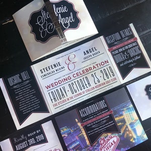 May include: Wedding invitation suite with black and white design featuring a red and white banner with the text "Wishing Well". The invitation includes the names "Stefenie Esmeralda Medina" and "Angel Joseph Bauer" with the date "Friday, October 25, 2019".