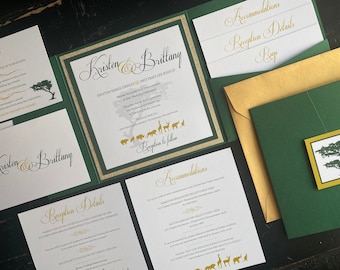 Zoo Themed Wedding Invitation Suite: Green & Gold Pocket Design