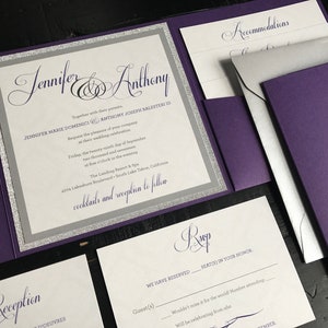 Wedding Invitations | Custom Pocket Invitation Suites | Elegant | Script | Formal | Wedding Announcements | Glitter | Silver | Purple