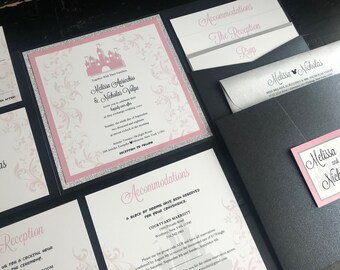 Fairytale Castle Wedding Invitation: Custom Glitter Pocket Suite