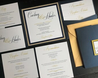 Metallic Navy & Glitter Gold Pocket Wedding Invitation Suite