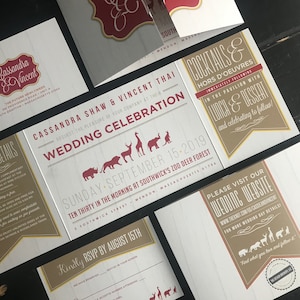 Zoo Themed Custom Fold Wedding Invitation Suite | | Zoo Animals |  Rustic | Woodgrain | Wood |  Wedding Invitations | Personalized | Invites
