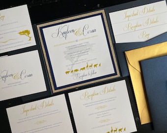 Zoo Themed Wedding Invitation Suite: Navy, Gold, Personalized Pocket