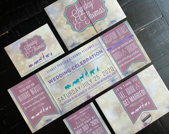 Zoo Animals Wedding Invitation Suite: Custom Fold, Sparkle Design