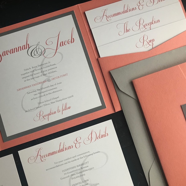 Coral and Gray Pocket Wedding Invitation Suites | Matte | Personalized Wedding Announcements | Invitation Suites | Script | Custom | Silver