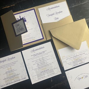 May include: A collection of gold and purple wedding invitations. The invitation suite includes an invitation, RSVP card, accommodations card, and reception card. The invitation features a castle graphic and the names "Gina & Tyler".
