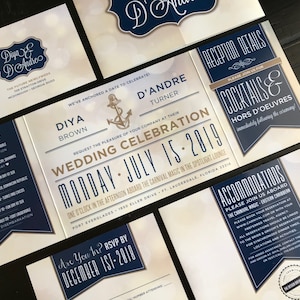 Nautical Custom Fold Wedding Invitation Suite | Wedding Invitations | Cruise Wedding | Anchor | Vow Renewal | Personalized | Navy | Tan