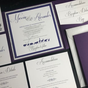 Zoo Themed Pocket Wedding Invitation Suites Metallic Purple & Glitter Silver Personalized Wedding Announcements Violet Zoo Animals image 2