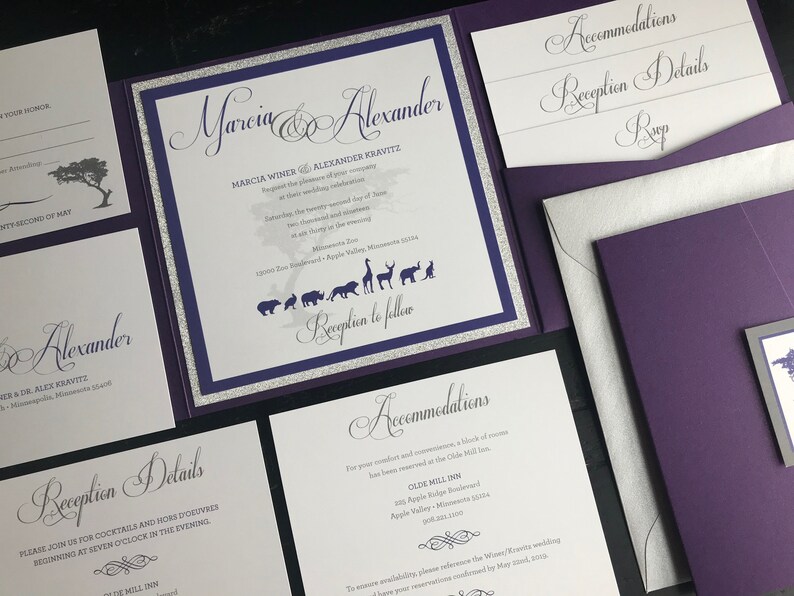 Zoo Themed Pocket Wedding Invitation Suites Metallic Purple & Glitter Silver Personalized Wedding Announcements Violet Zoo Animals zdjęcie 2