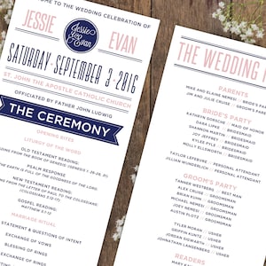 May include: Wedding invitation with a navy blue and pink color scheme. The invitation features the names Jessie and Evan, the date September 3, 2016, and the location St. John the Apostle Catholic Church.