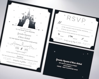Fairytale Wedding Invitation Suite: Castle Design, Pearlescent Envelopes