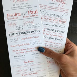 May include: Wedding ceremony program with a white background and red text. The program lists the names of the bride and groom, Jessica and Paul, the wedding party, and the order of the ceremony. The program also includes the date of the wedding, July 8th, 2017.