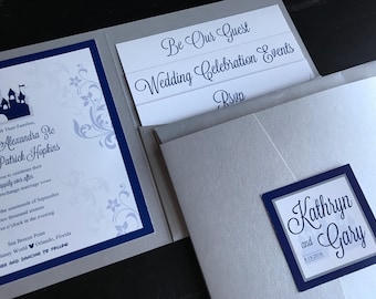 Custom Wedding Invitation | Fairytale Inspired Pocket Wedding Invitation Suite | Castle | Fairytale | Silver & Blue | Metallic | Glitter