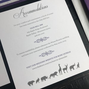 Zoo Themed Pocket Wedding Invitation Suites Metallic Purple & Glitter Silver Personalized Wedding Announcements Violet Zoo Animals zdjęcie 9