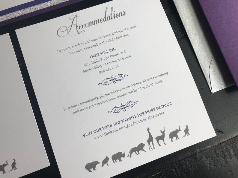 Zoo Themed Pocket Wedding Invitation Suites Metallic Purple & Glitter Silver Personalized Wedding Announcements Violet Zoo Animals zdjęcie 9