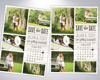 Save The Date Postcard with Engagement Photos | Calendar Design | Rustic | Woodgrain | Chalkboard | Boho | Printable | Postcard Announcement