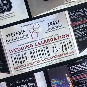 May include: Wedding invitation with black and white design featuring the names "Stefenie & Esmeralda Medina" and "Angel & Joseph Bauer". The invitation announces their wedding celebration on Friday, October 25, 2019, at five o'clock in the evening at Stallion Mountain Golf Club in Las Vegas, Nevada.