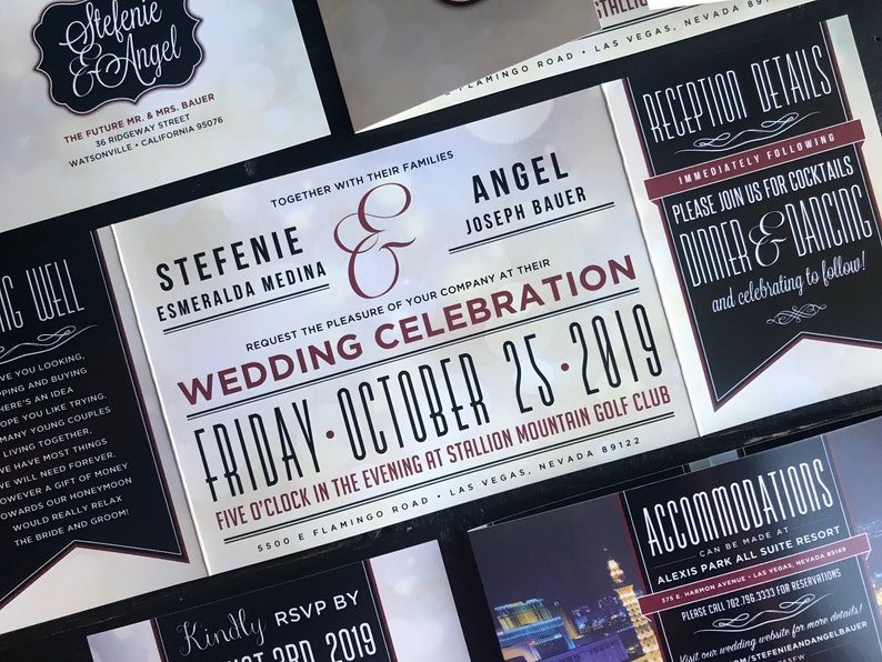May include: Wedding invitation with black and white design featuring the names "Stefenie & Esmeralda Medina" and "Angel & Joseph Bauer". The invitation announces their wedding celebration on Friday, October 25, 2019, at five o'clock in the evening at Stallion Mountain Golf Club in Las Vegas, Nevada.