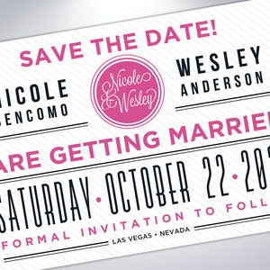 Las Vegas Save The Dates | Verheiratet in Las Vegas | Save The Date Postkarten oder Ankündigungen mit perlmuttfarbenen Umschlägen | Las Vegas Streifen | Funkeln