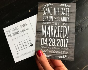 Save The Date Postcard | Rustic | Boho | Chic | Woodgrain | Wedding Announcement | Postcard Design | Printable | Save The Date with Calendar