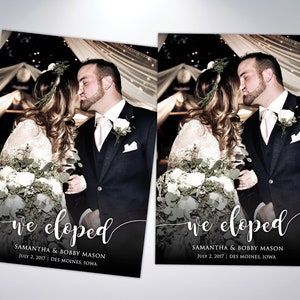 De knoop doorgehakt | Wij zijn weggelopen | Geannuleerde trouwaankondigingen | Bruiloft Annulering | Elopement-aankondigingen met parelmoer-enveloppen