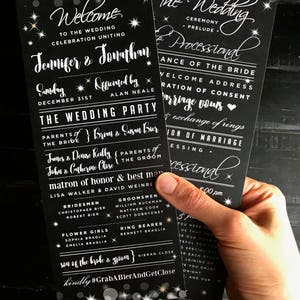 May include: Black and white wedding program with a sparkly background. The program lists the wedding ceremony order, the wedding party, and the bride and groom's names: Jennifer & Jonathan. The program also includes the hashtag #GrabABierAndGetClose.