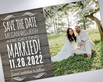 Save The Date Postcard w/ Engagement Photo | Rustic | Woodgrain | Boho | Chic | Announcement | Printable | Calendar | Postcard Announcement