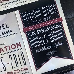 May include: A wedding invitation with black and white text on a cream background. The text reads "Reception Details Immediately Following Please Join Us For Cocktails Dinner & Dancing and celebrating to follow!" The invitation is decorated with a burgundy banner.