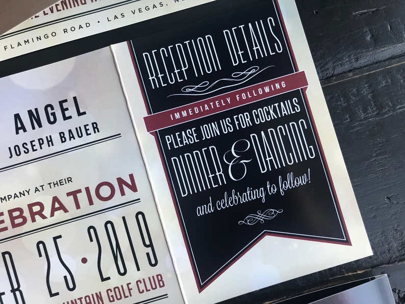May include: A wedding invitation with black and white text on a cream background. The text reads "Reception Details Immediately Following Please Join Us For Cocktails Dinner & Dancing and celebrating to follow!" The invitation is decorated with a burgundy banner.