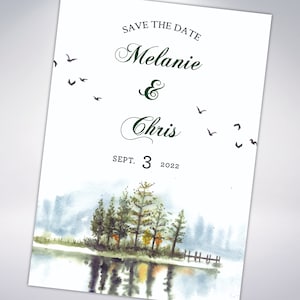 Salve as datas | Deserto | Floresta | Árvores | Salve a data Cartões postais ou anúncios com envelopes | Ao ar livre | Natureza | Rústico | Lago