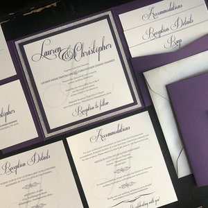 Violet & Glitter Silver Custom Wedding Invitation Suites | Pocket Wedding Invitation Suite | Elegant | Script | Invitation Suite | Custom