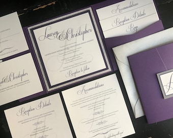 Violet Glitter Silver Wedding Invitation Suite: Custom Pocket Design