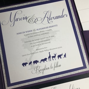 Zoo Themed Pocket Wedding Invitation Suites Metallic Purple & Glitter Silver Personalized Wedding Announcements Violet Zoo Animals zdjęcie 3