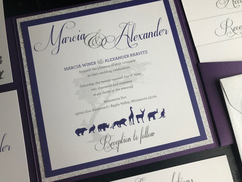 Zoo Themed Pocket Wedding Invitation Suites Metallic Purple & Glitter Silver Personalized Wedding Announcements Violet Zoo Animals zdjęcie 3