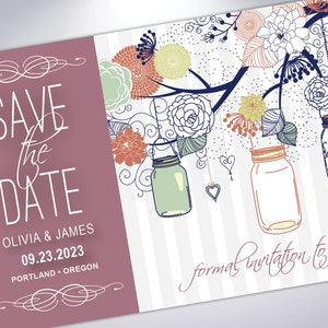Salve as datas | Frasco de vidro | Salve os cartões postais ou anúncios de data com envelopes perolados | Floral | Boho | Chique | Lembrete de calendário