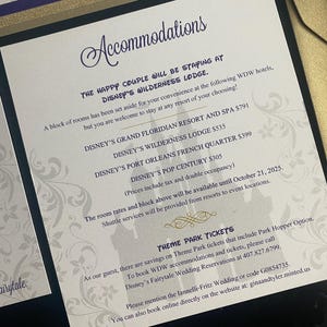 May include: Wedding invitation with elegant script and floral accents. The text includes accommodation details at Disney resorts, such as the Grand Floridian and Wilderness Lodge, and theme park ticket information.