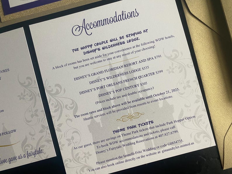 May include: Wedding invitation with elegant script and floral accents. The text includes accommodation details at Disney resorts, such as the Grand Floridian and Wilderness Lodge, and theme park ticket information.