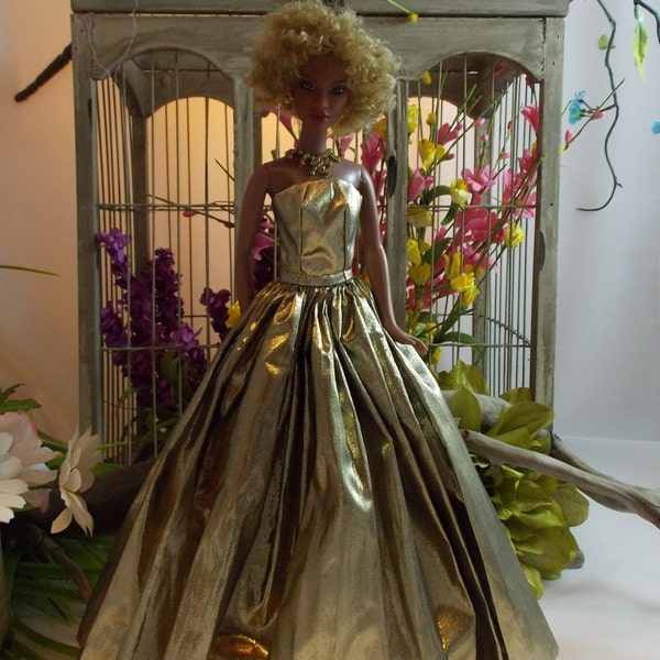 Fashion Doll Clothes for the older, larger chested dolls 11.5" to 12" dolls. Gold Tissue Lamé Ball Gown for FR size dolls.