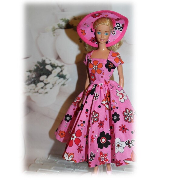 Handmade Fashion Doll Clothes -  Day in Paris "Tea Party"  Dress & Hat by Jolie for larger chested older dolls.   Closes with Snaps. No Doll