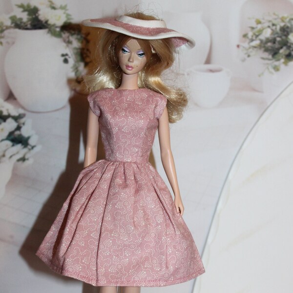 Handmade Fashion Doll Clothes -  Day in Paris "Tea Party"  Dress & Hat by Jolie for larger chested older dolls.   Closes with Snaps. No Doll