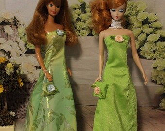 Green Evening Gown with Little Pink Flowers Made to Fit Barbie Doll