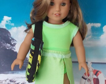 Fits 18" dolls the size of American Girl Dolls. Swimsuit, Skirt Coverup, Canvas Beach Bag in Lime Green. Handmade 18" Doll Clothes.