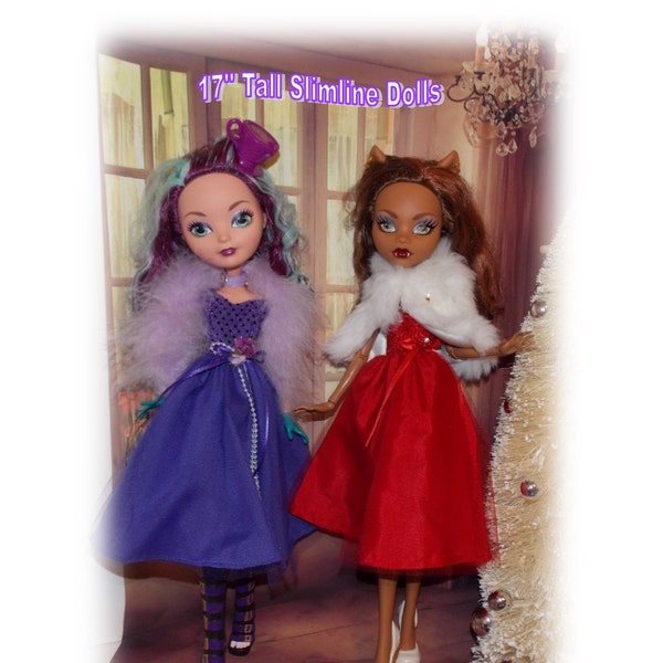 17" TALL SIZED "Jewels of Christmas" Purple Dress-Feather Boa or Red Dress-Faux Fur Wrap.   Clothes fit 17" Tall Big Sister Dolls