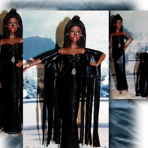 Josephina - Dracula's Bride Black Fake Leather Look Gown with Arm Sleeves. Clothes only, fits 1:6 Scale Fashion dolls. Halloween Costume