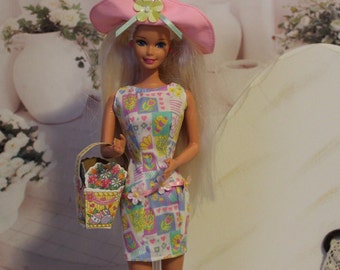 Barbie Clothes. Newly Deboxed Barbie Easter Dress, Pink Hat & Cardboard Purse.  Vintage Toy doll clothes. Girl Child Gift