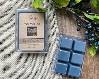 May include: A six-pack of wax melt tarts in a clear plastic container. The tarts are a dark blue color. The label on the container reads "Sassy Candle Co. Wax Melt Tart Midwest Stormwatch www.sassykandle.com Net Wt 2.75 oz."