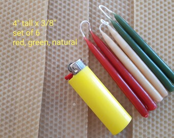 6 Natural Bees Wax Candles, Hand Dipped Holiday Candles, Red, Green & Natural Beeswax Tapers, Christmas Candles